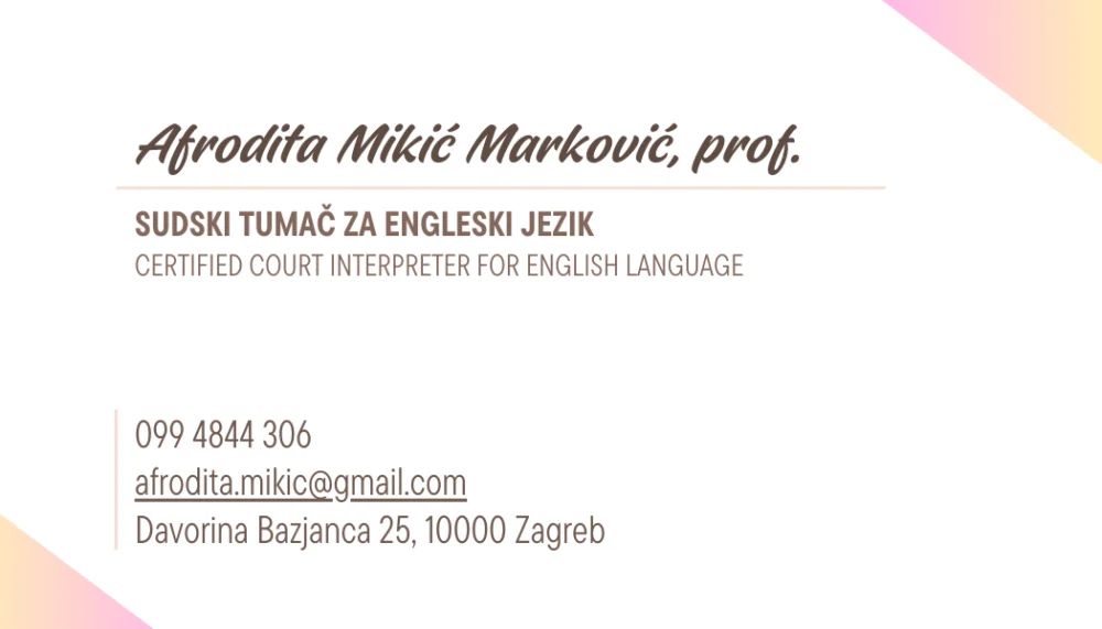 Sudski tumač za engleski jezik - Afrodita Mikić Marković, prof. - 2